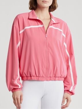 NWT💗Beyond yoga L go retro track jacket Pink Zip Bomber Jacket with White Piping